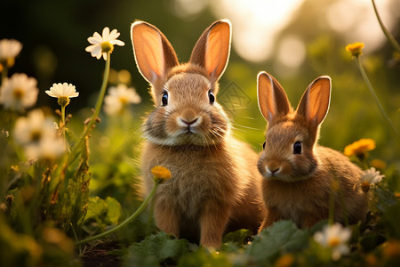 花海中两只兔子图片