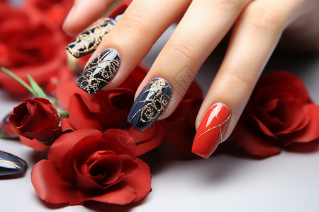 美甲的手指和玫瑰花背景图片