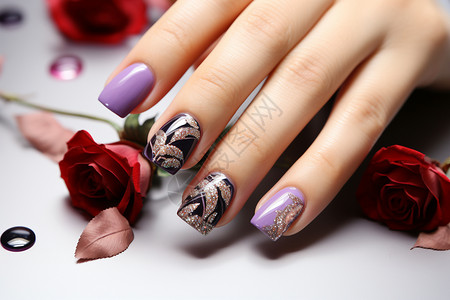 玫瑰花花纹边框指甲上的花纹背景