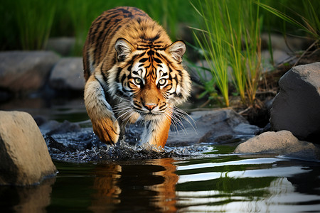 猛虎穿越溪流捕食图片