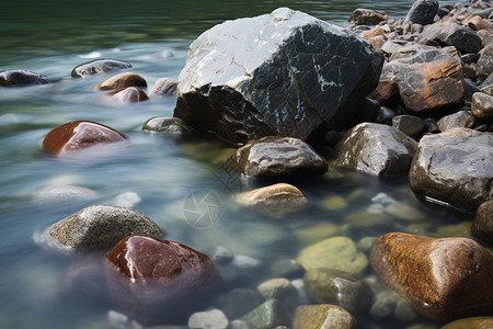 水中巨石潺潺流水的溪流背景