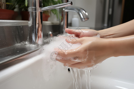 清洁泡沫水流洗手背景