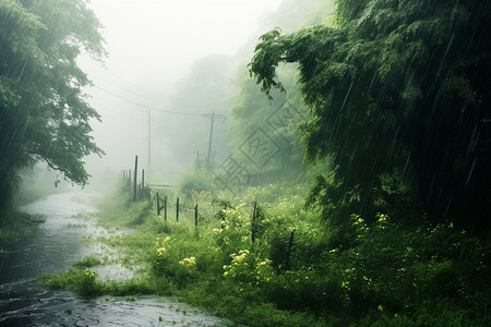 湿雾雨中旷野插画