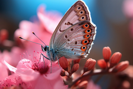 粉色花朵上的蝴蝶背景图片