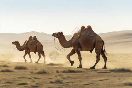 骆驼在天空下的丘陵上行进背景