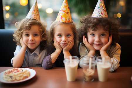孩子们聚会三个孩子戴着生日帽背景