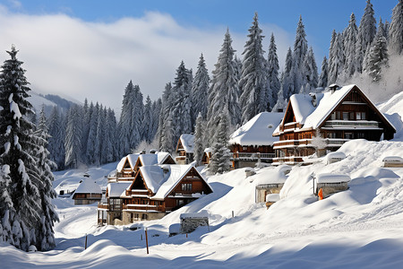 雪乡森林冬日飘雪的山脉背景