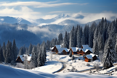 乡村雪景冬日的雪山木屋背景