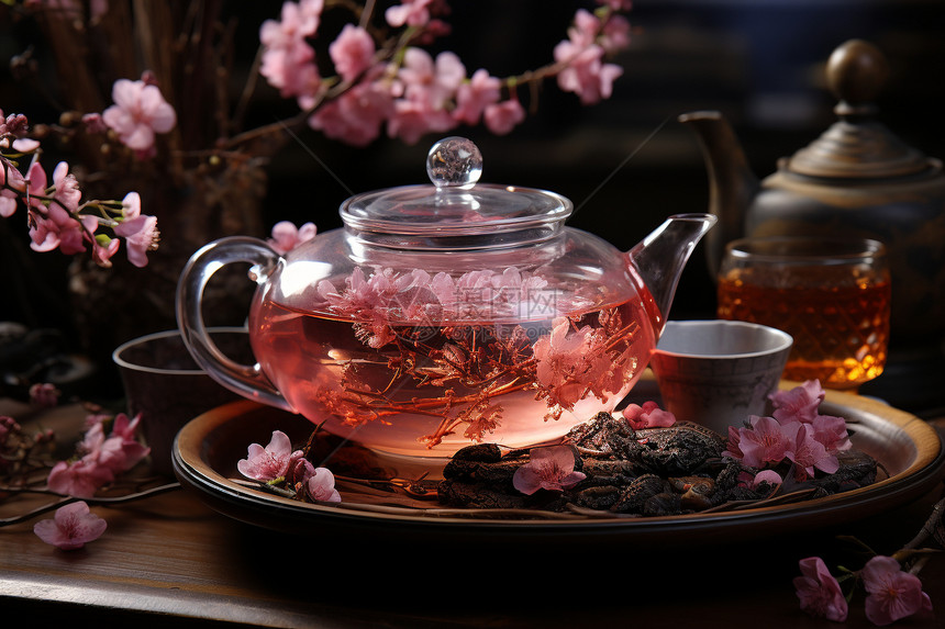 透明茶壶中的美味花茶图片