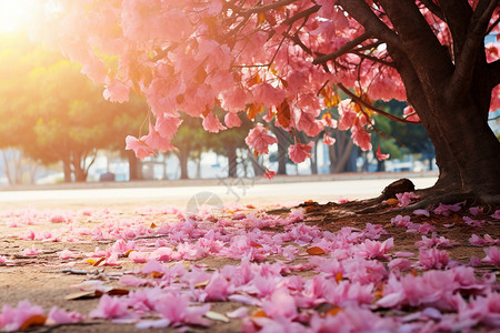 樱花树下花瓣飞樱花树下浪漫的街景背景