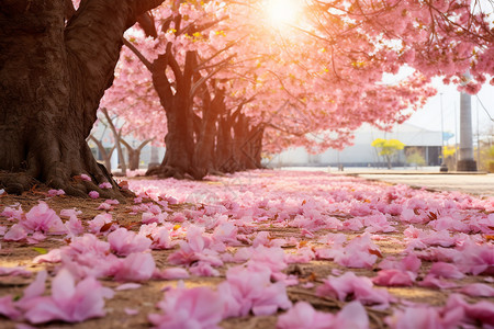 地面上掉落的樱花花瓣高清图片