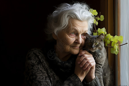 和猫咪相伴的老人背景图片