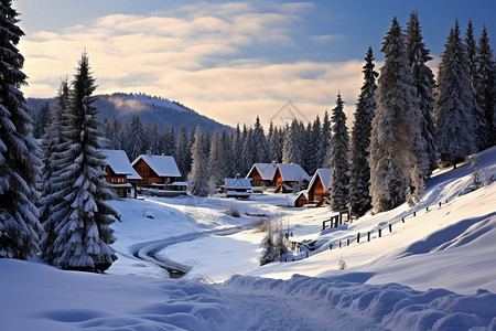 冬雪覆盖的山村图片