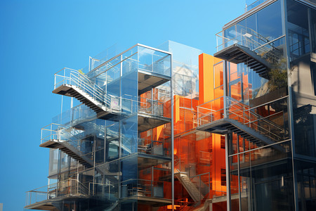 消防楼梯城市中的玻璃外墙建筑背景