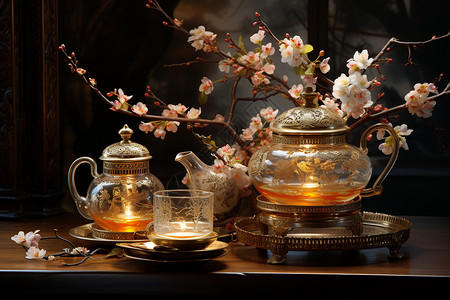 樱花油画精致的中国茶具背景