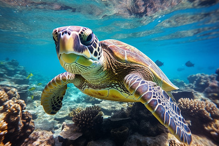 珊瑚海草与贝克潜水的可爱海龟背景
