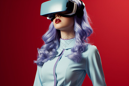 科技感VR眼镜蓝发女子背景图片