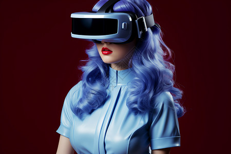 佩戴虚拟眼镜的蓝发女子图片