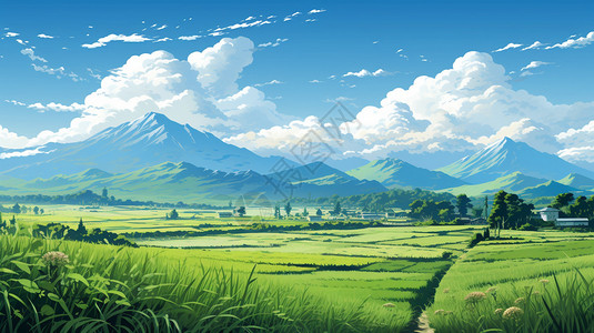 大山脚下的稻田图片