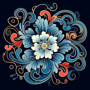 拓印深蓝色花朵图案插画
