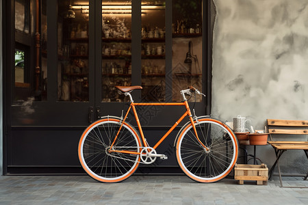 咖啡店门口的复古自行车背景图片