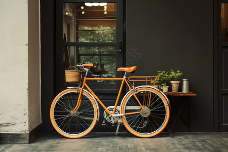 咖啡店外的橘色自行车背景图片