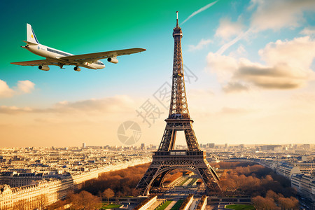 巴黎埃菲尔半空中的飞机背景