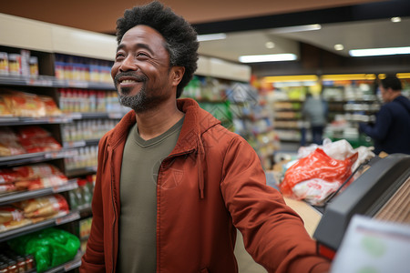 超市中笑容开朗的男子图片