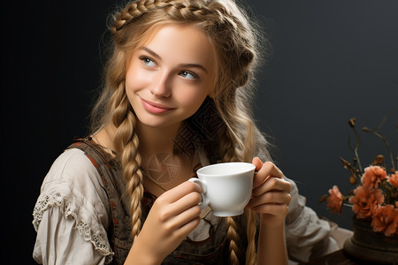 手拿咖啡杯的年轻女孩背景图片