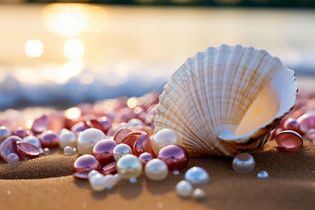 海边沙滩上的珍珠贝壳图片