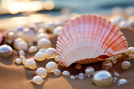 沙滩上天然的珍珠贝壳背景图片
