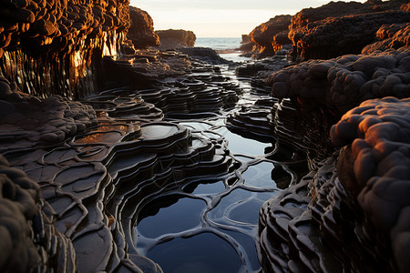 海滩岩石日落抽象的水流背景设计图片