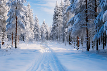 冰雪覆盖的森林小路图片