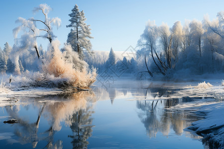 冰封湖泊冰封的俄罗斯乡村背景