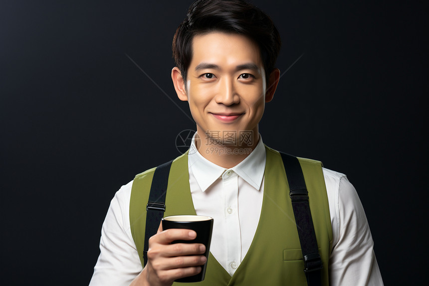 手持热饮的亚洲男性图片