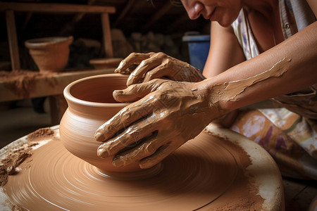 陶艺工作室制作陶罐的过程背景