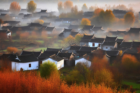 迷雾中的乡村画卷背景图片