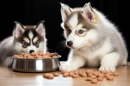 哈士奇幼犬吃饭的小哈士奇背景