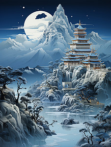月亮下的山脉插图背景图片