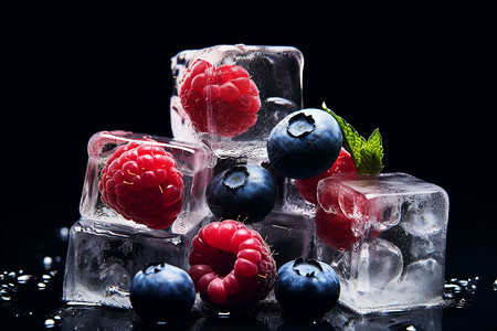 冰块与浆果的堆砌背景图片