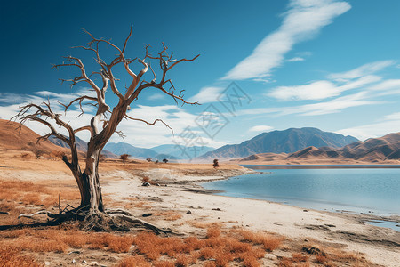 秋色湖畔的凋零树图片