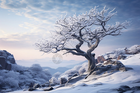 孤树独立于雪山之上图片