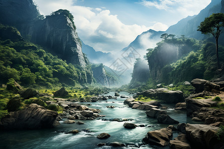 河流大山山水田园笔墨之美背景