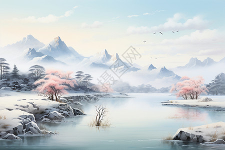 一幅美丽的山水画背景图片
