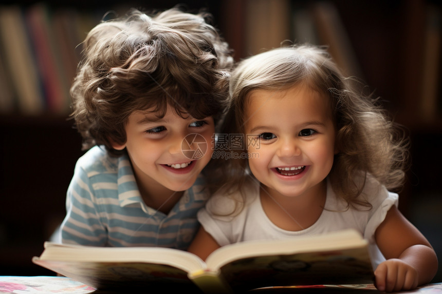 两个孩童在一起看书图片
