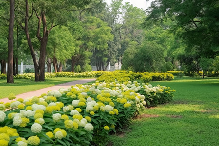 夏日花园花海中的绿色路径背景图片