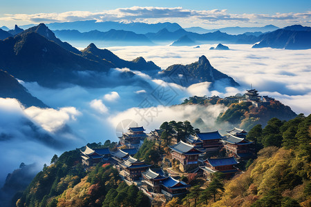 云海中的小山村背景图片