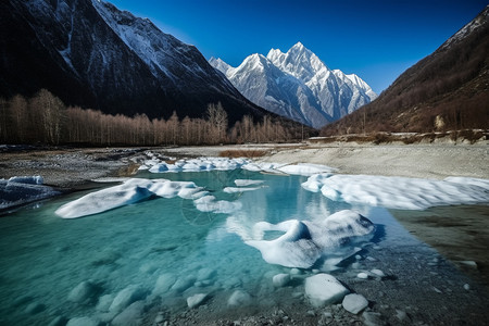 冰山下的湖泊河流图片