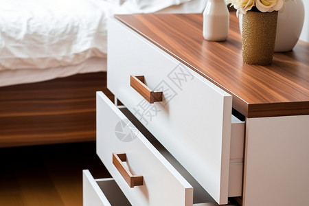 木制床卧室床边的白色床头柜背景