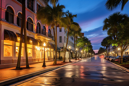 夜晚的棕榈树街景图片